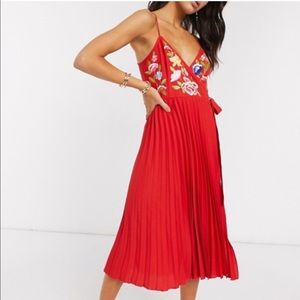 ASOS Design Red Floral Embroidered Pleated Cami Wrap Midi Dress Size 4